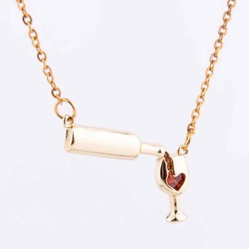 Collar con colgante de copa de botella de vino para mujeres, collar de cadena de saludos de amor, collar de corazón de esmalte rojo