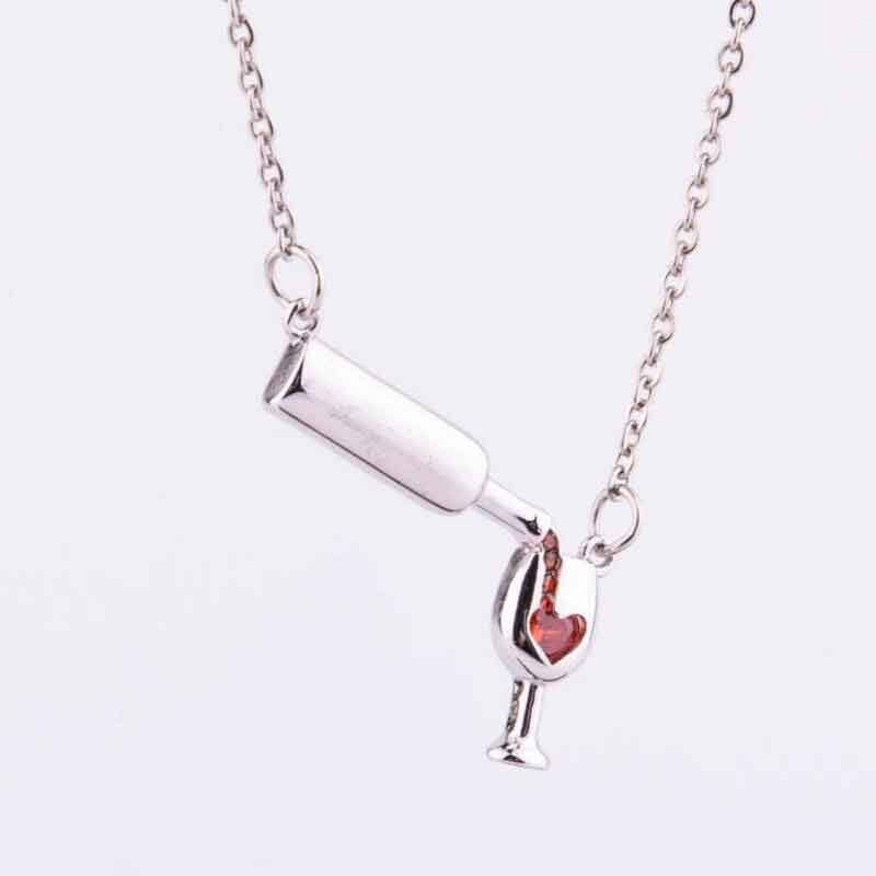 Collar con colgante de copa de botella de vino para mujeres, collar de cadena de saludos de amor, collar de corazón de esmalte rojo