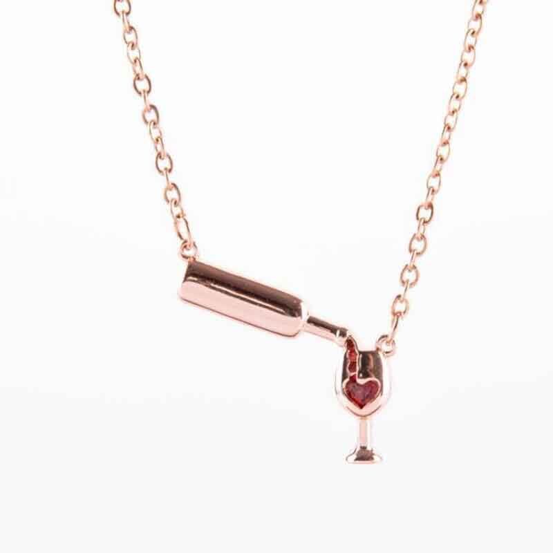 Collar con colgante de copa de botella de vino para mujeres, collar de cadena de saludos de amor, collar de corazón de esmalte rojo