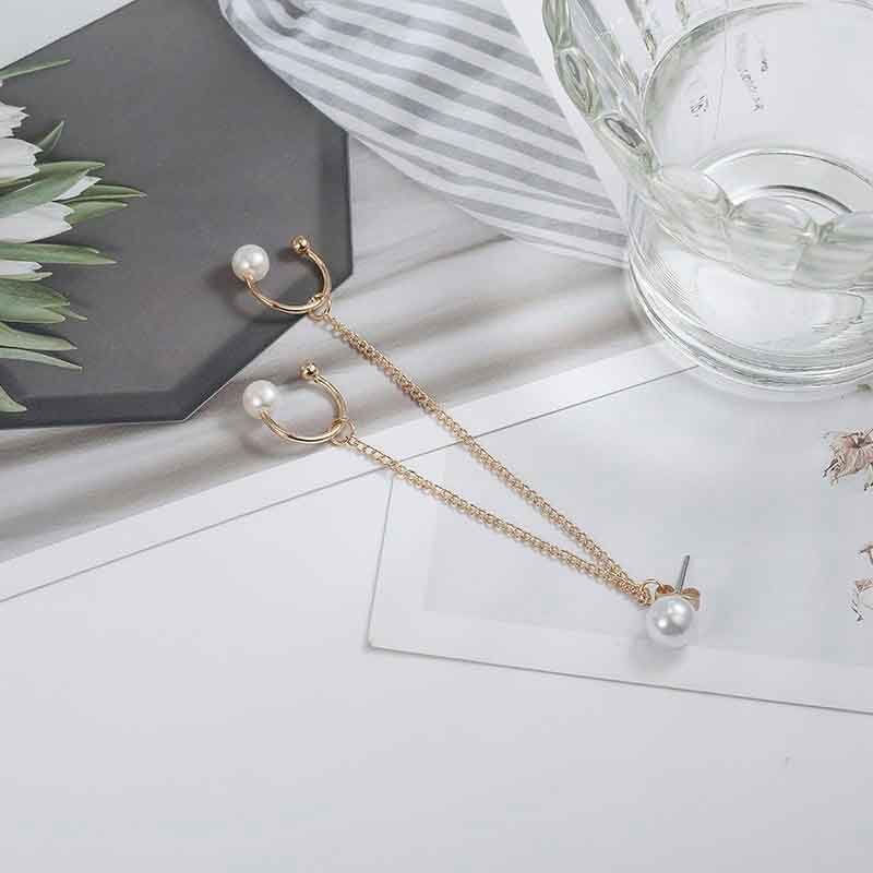 Pendientes largos de perlas con clip para oreja